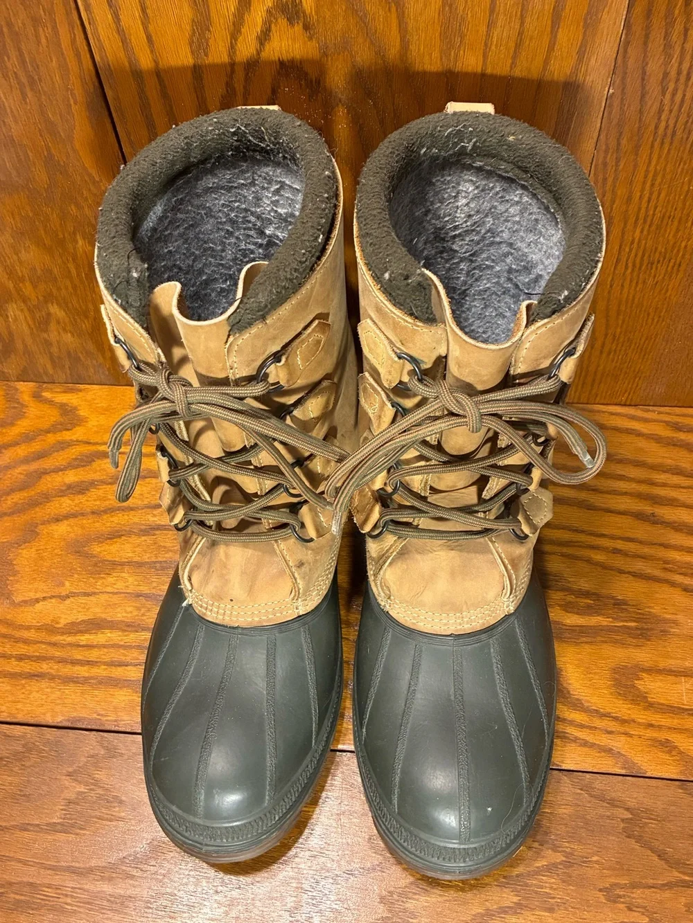 L.L. Bean Duck Snow Boots Removable Liners Brown Leather Green Rubber Men’s 11